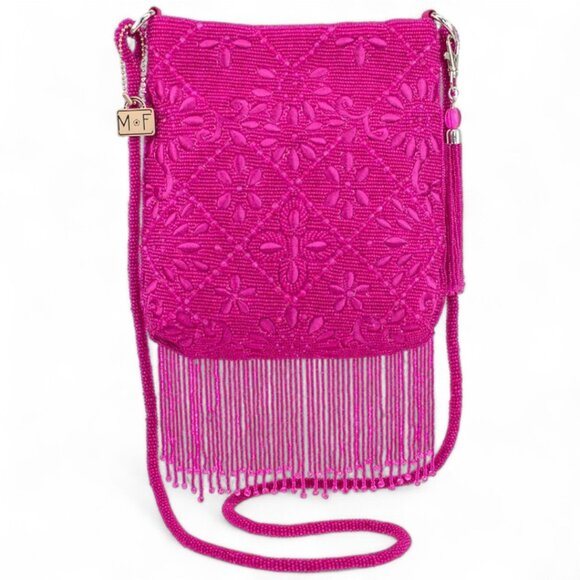 Mary Frances Fringe Benefit Bold Pink Beaded Embroidered Crossbody Handbag - Picture 1 of 16